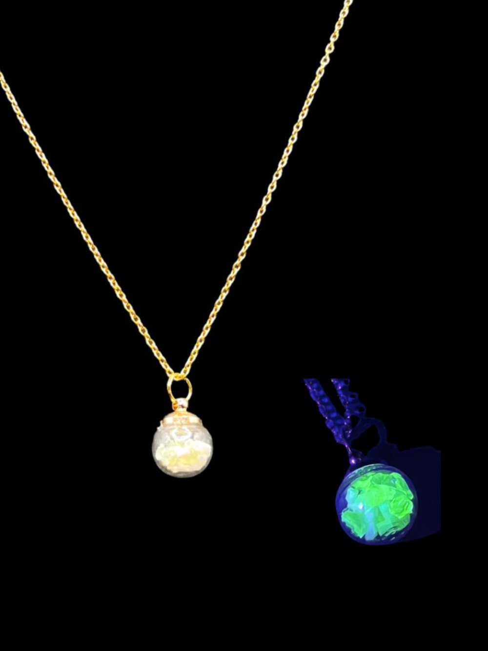 Glass Bottle Pendant Necklace With Crushed Uranium Glass UV Reactive Glows